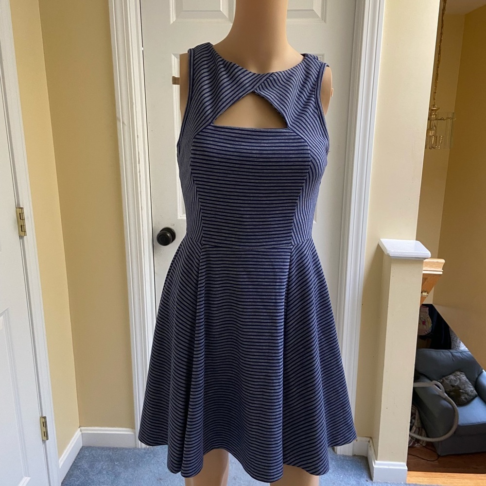 Blues and white striped cutout flared dress